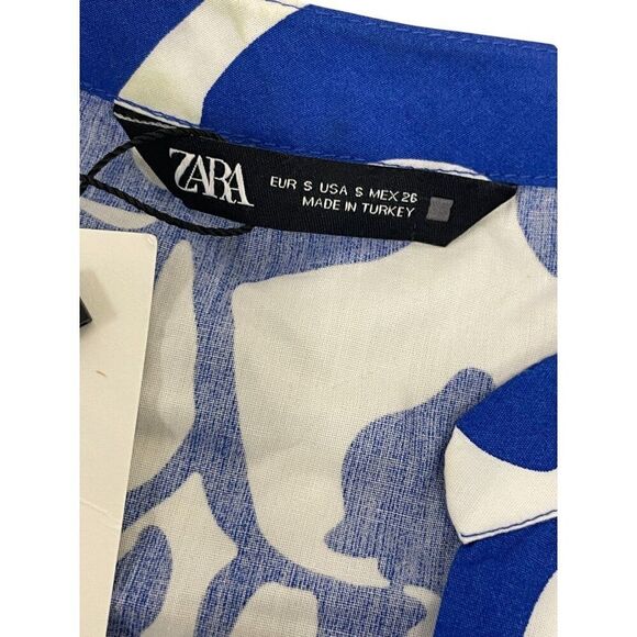 Zara Women Tile Dress S Blue White Sicilian Button Up Linen Viscose Blend NWD - Picture 6 of 9